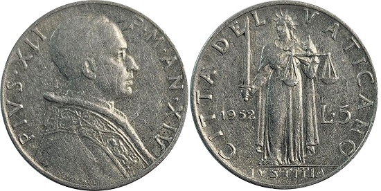 1952 Vatican 5 Lire